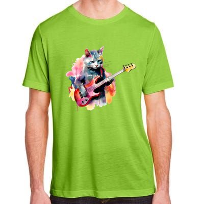 Cat Playing Bass Guitar Watercolor Graphic Design Adult ChromaSoft Performance T-Shirt