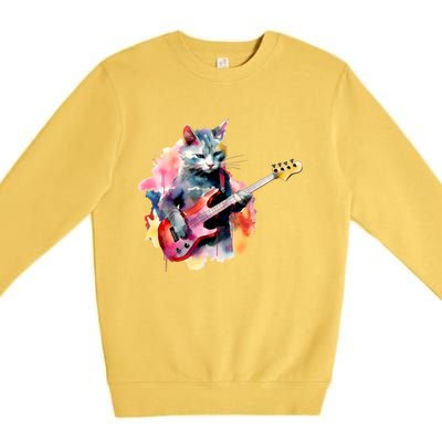 Cat Playing Bass Guitar Watercolor Graphic Design Premium Crewneck Sweatshirt