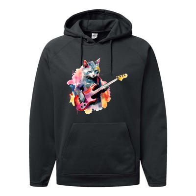 Cat Playing Bass Guitar Watercolor Graphic Design Performance Fleece Hoodie