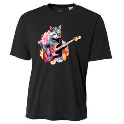 Cat Playing Bass Guitar Watercolor Graphic Design Cooling Performance Crew T-Shirt