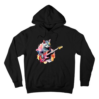 Cat Playing Bass Guitar Watercolor Graphic Design Hoodie