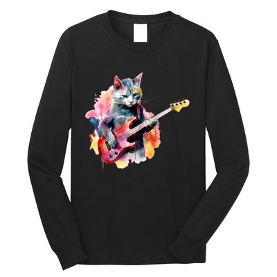 Cat Playing Bass Guitar Watercolor Graphic Design Long Sleeve Shirt