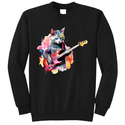 Cat Playing Bass Guitar Watercolor Graphic Design Sweatshirt