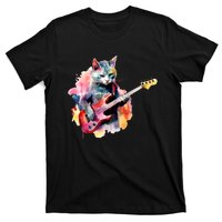 Cat Playing Bass Guitar Watercolor Graphic Design T-Shirt