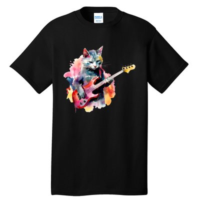 Cat Playing Bass Guitar Watercolor Graphic Design Tall T-Shirt