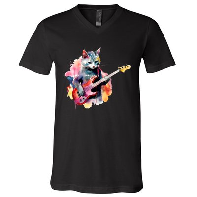 Cat Playing Bass Guitar Watercolor Graphic Design V-Neck T-Shirt