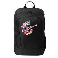 Cat Playing Bass Guitar Watercolor Graphic Design City Backpack