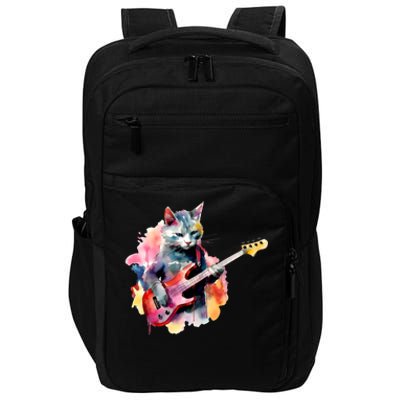 Cat Playing Bass Guitar Watercolor Graphic Design Impact Tech Backpack