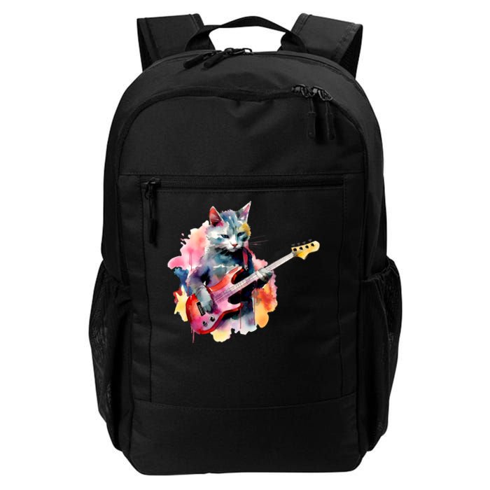 Cat Playing Bass Guitar Watercolor Graphic Design Daily Commute Backpack