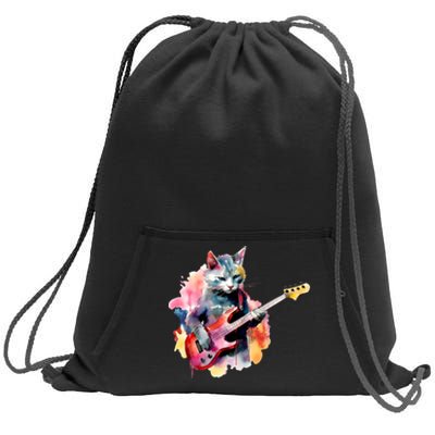 Cat Playing Bass Guitar Watercolor Graphic Design Sweatshirt Cinch Pack Bag