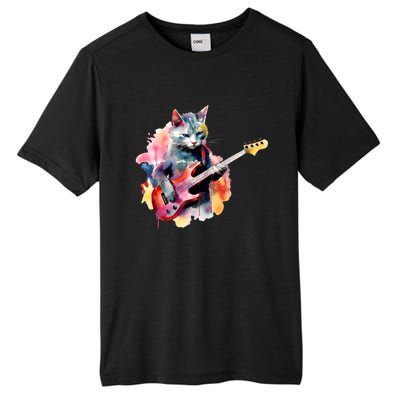 Cat Playing Bass Guitar Watercolor Graphic Design Tall Fusion ChromaSoft Performance T-Shirt