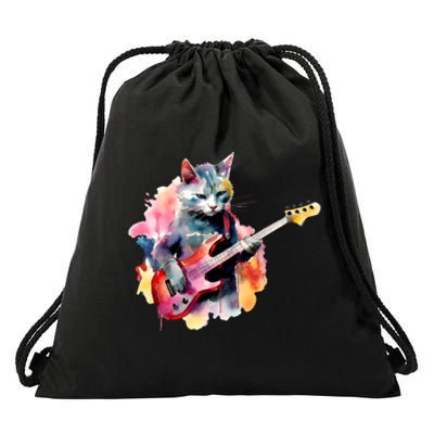 Cat Playing Bass Guitar Watercolor Graphic Design Drawstring Bag