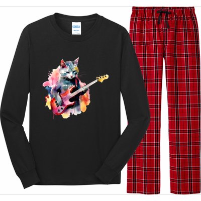 Cat Playing Bass Guitar Watercolor Graphic Design Long Sleeve Pajama Set