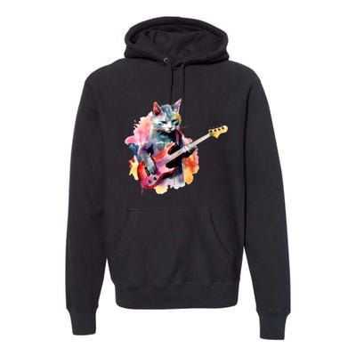 Cat Playing Bass Guitar Watercolor Graphic Design Premium Hoodie