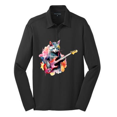 Cat Playing Bass Guitar Watercolor Graphic Design Silk Touch Performance Long Sleeve Polo