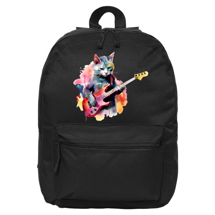 Cat Playing Bass Guitar Watercolor Graphic Design 16 in Basic Backpack