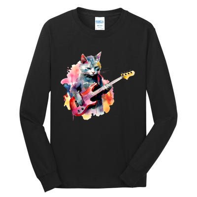 Cat Playing Bass Guitar Watercolor Graphic Design Tall Long Sleeve T-Shirt