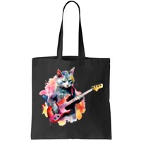 Cat Playing Bass Guitar Watercolor Graphic Design Tote Bag