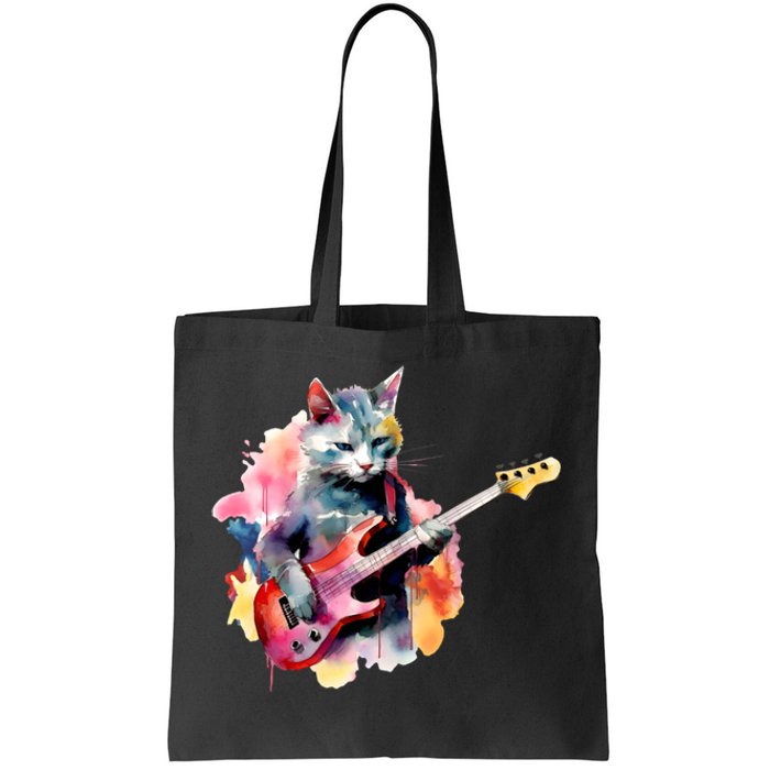 Cat Playing Bass Guitar Watercolor Graphic Design Tote Bag