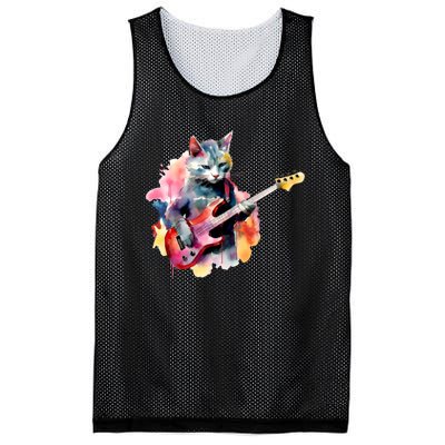 Cat Playing Bass Guitar Watercolor Graphic Design Mesh Reversible Basketball Jersey Tank