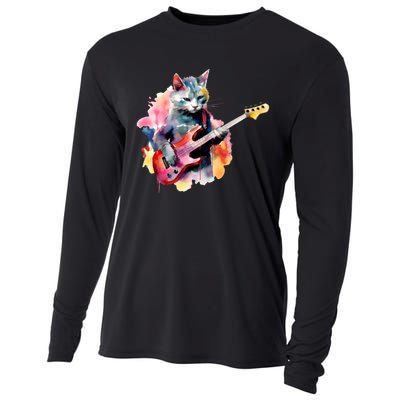 Cat Playing Bass Guitar Watercolor Graphic Design Cooling Performance Long Sleeve Crew