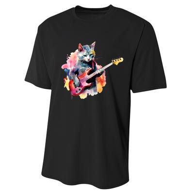 Cat Playing Bass Guitar Watercolor Graphic Design Performance Sprint T-Shirt