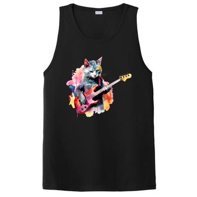 Cat Playing Bass Guitar Watercolor Graphic Design PosiCharge Competitor Tank