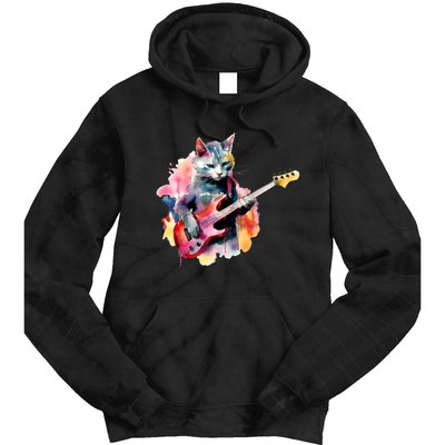 Cat Playing Bass Guitar Watercolor Graphic Design Tie Dye Hoodie