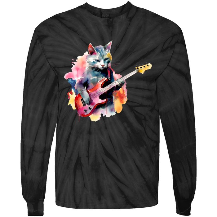 Cat Playing Bass Guitar Watercolor Graphic Design Tie-Dye Long Sleeve Shirt