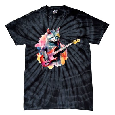 Cat Playing Bass Guitar Watercolor Graphic Design Tie-Dye T-Shirt