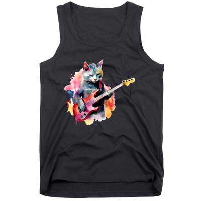 Cat Playing Bass Guitar Watercolor Graphic Design Tank Top