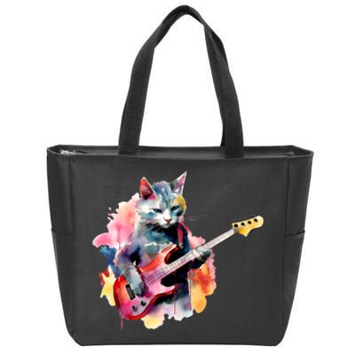 Cat Playing Bass Guitar Watercolor Graphic Design Zip Tote Bag