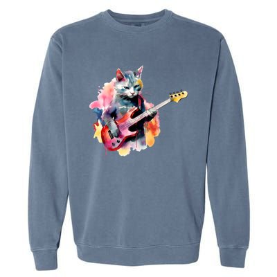 Cat Playing Bass Guitar Watercolor Graphic Design Garment-Dyed Sweatshirt