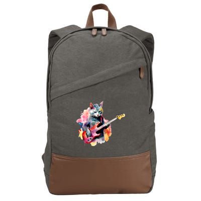 Cat Playing Bass Guitar Watercolor Graphic Design Cotton Canvas Backpack