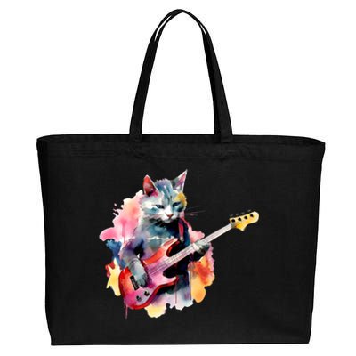 Cat Playing Bass Guitar Watercolor Graphic Design Cotton Canvas Jumbo Tote