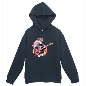 Cat Playing Bass Guitar Watercolor Graphic Design Urban Pullover Hoodie