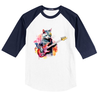 Cat Playing Bass Guitar Watercolor Graphic Design Baseball Sleeve Shirt