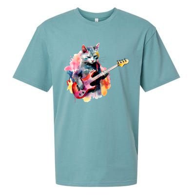 Cat Playing Bass Guitar Watercolor Graphic Design Sueded Cloud Jersey T-Shirt