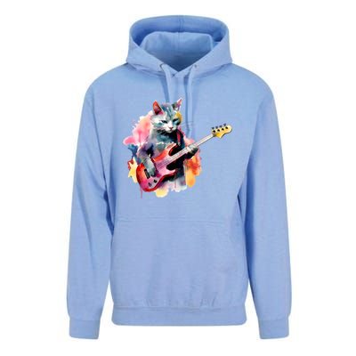 Cat Playing Bass Guitar Watercolor Graphic Design Unisex Surf Hoodie