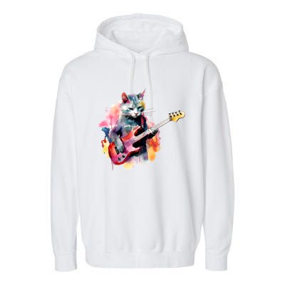 Cat Playing Bass Guitar Watercolor Graphic Design Garment-Dyed Fleece Hoodie