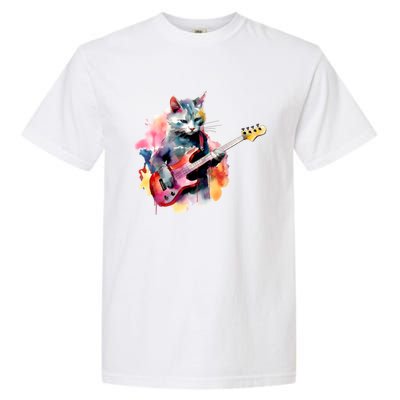 Cat Playing Bass Guitar Watercolor Graphic Design Garment-Dyed Heavyweight T-Shirt