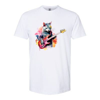 Cat Playing Bass Guitar Watercolor Graphic Design Softstyle® CVC T-Shirt