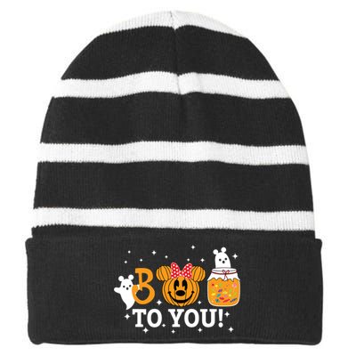 Cute Pumpkin Beer Boo To You Women Halloween Striped Beanie with Solid Band