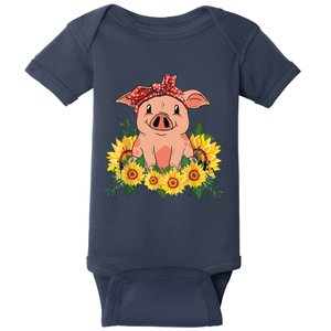 Cute Pig Bandana Sunflower Funny Farm Animal Lover Baby Bodysuit