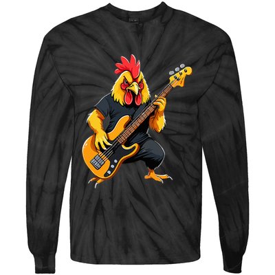 Chicken Playing Bass Guitar Chicken Guitarist Tie-Dye Long Sleeve Shirt