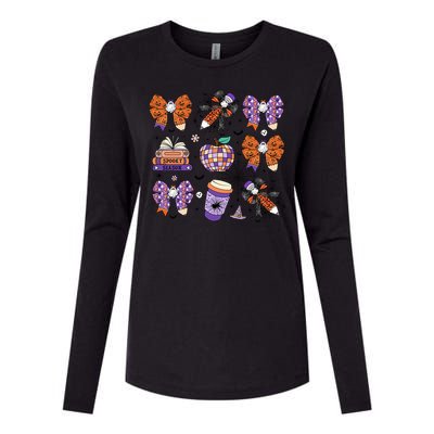 Coquette Pencil Bows Book Coffee Spooky Teacher Halloween Gift Womens Cotton Relaxed Long Sleeve T-Shirt