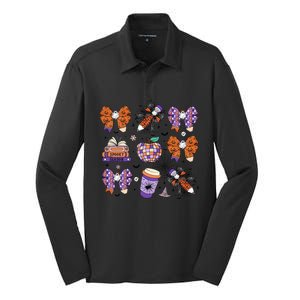 Coquette Pencil Bows Book Coffee Spooky Teacher Halloween Gift Silk Touch Performance Long Sleeve Polo