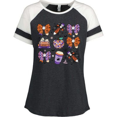 Coquette Pencil Bows Book Coffee Spooky Teacher Halloween Gift Enza Ladies Jersey Colorblock Tee