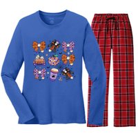 Coquette Pencil Bows Book Coffee Spooky Teacher Halloween Gift Women's Long Sleeve Flannel Pajama Set 