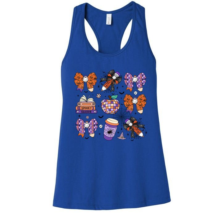 Coquette Pencil Bows Book Coffee Spooky Teacher Halloween Gift Women's Racerback Tank